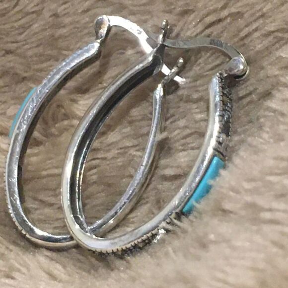 Turquoise Marcasite Sterling Silver Oval Hoop Saddle Back Earrings - Picture 5 of 9
